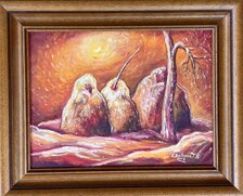 Ľudmila Balková, Tri kopy sena a strom - zima, Olejomaľba 30x40 cm