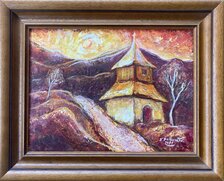 Ľudmila Balková, Zvonička v Turčianskom Jasene v noci, Olejomaľba, 30x40 cm