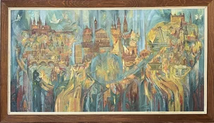 Ľudmila Chrenková Priateľstvo medzi národmi, olejomaľba na sololite 50x170 cm