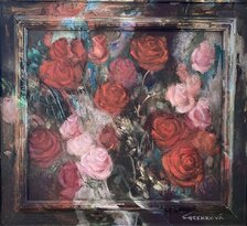 Ľudmila Chrenková, Ruže červené a ružové, olejomaľba na dreve, rozmer s maľovaným rámom 53x58 cm, 420 €