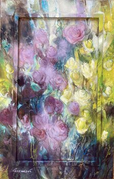 Ľudmila Chrenková, Ruže fialové a žlté, olejomaľba na dreve, rozmer s maľovaným rámom 85x55 cm
