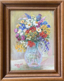 Ľudnila Balková Kytica Poľných kvetov, Olej, špachtľa na dreve a ľanovom plátne 40x30 cm, zarámované 51x41 cm 210 €