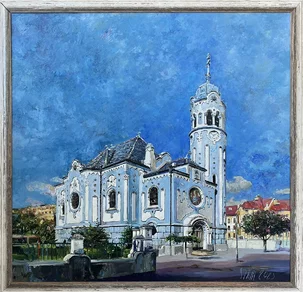 Ľudovít Szkukálek, Bratislava Modrý kostolík, Olejomaľba na sololite 78x80 cm, zarámované 86x88 cm, 2 100 €