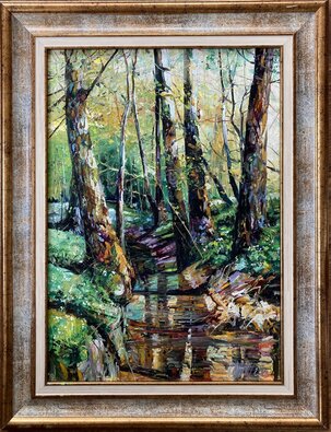 Ľudovít Szkukálek, Krajina II. Stromy pri rieke, olejomaľba na sololite 42x30 cm, zarámované 54x41 cm, 490 €