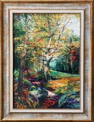 Ľudovít Szkukálek, Krajina III. Stromy v jeseni, olejomaľba na sololite 42x30 cm, zarámované 54x41 cm, 490 €