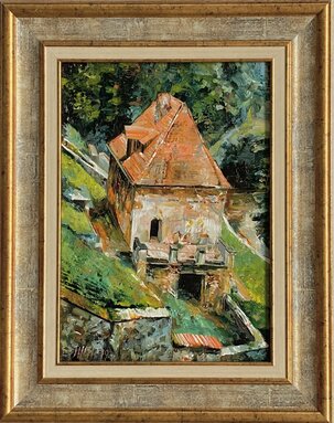 Ľudovít Szkukálek, olejomaľba Dom na svahu, 30x20 cm