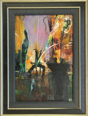 Ľudovít Szkukálek, olejomaľba Figurálna kompozícia I, 980€, 44x30+ cm, zarámované 58,5x44 cm