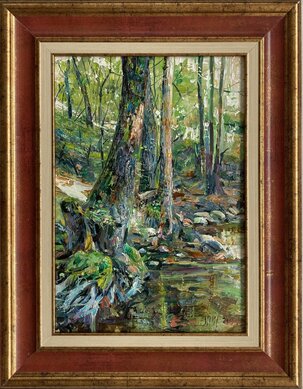 Ľudovít Szkukálek, olejomaľba Les na jar, 30x20 cm