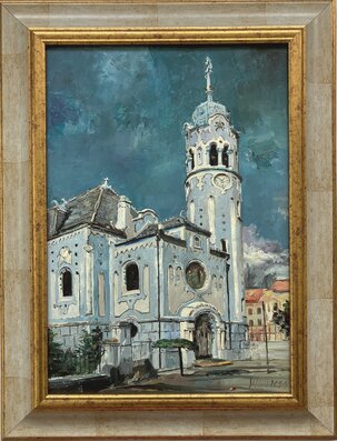 Ľudovít Szkukálek, olejomaľba Modrý kostolík v Bratislave 42x30 cm, predané