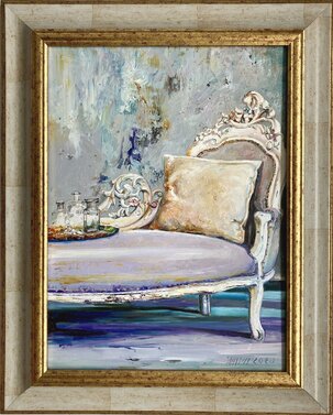 Ľudovít Szkukálek, olejomaľba Posteľ, 40x30 cm, predané