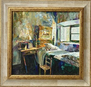 Ľudovít Szkukálek, olejomaľba Spálňa, 30x32 cm, predané