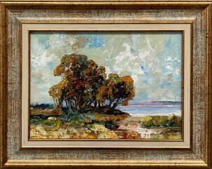 Ľudovít Szkukálek, olejomaľba Stromy pri jazere, 20x30 cm, predané