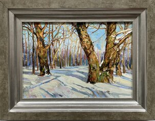 Ľudovít Szkukálek, olejomaľba Zima v lese, 20x30 cm