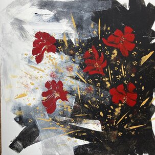 Mária Koteková, Červené kvety, akryl 80x80 cm, nezarámované, 350 €