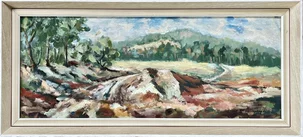 Maximilián Horanský, Rozvodnená rieka pod lesom, olejomaľba na sololite 30x72 cm