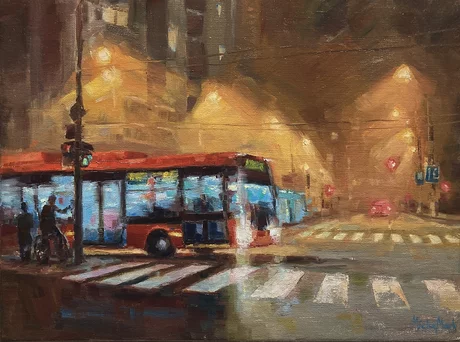 Michal Mach, Lampy v hmle, Prievozská, Olejomaľba na plátne, 30x40 cm, zarámované 33x44 cm