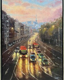 Michal Mach, Nedeľný večer, Pražská ulica v Bratislave, olejomaľba na plátne, 60x45 cm, zarámované 64x49 cm, 1 040 €