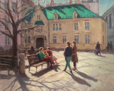 Michal Mach, Poludňajší rozhovor pri Starej radnici, Olejomaľba špachtľou na plátne, rozmer 40x50 cm