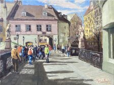 Michal Mach, Turisti na Michalskej, Olejomaľba špachtľou na plátne, rozmer 30x40 cm
