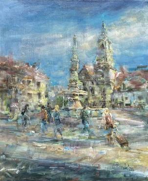Miloš Púček, Bratislavské carpaccio, maľba akrylom na ľanovom na plátne 46 x 38 cm, nezarámované