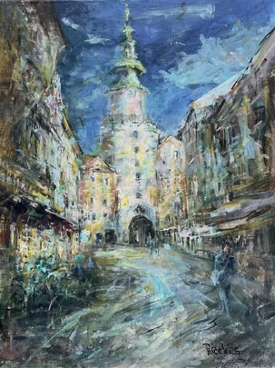 Miloš Púček, Pod krídlami veže, maľba akrylom na ľanovom na plátne 50 x 38 cm, nezarámované