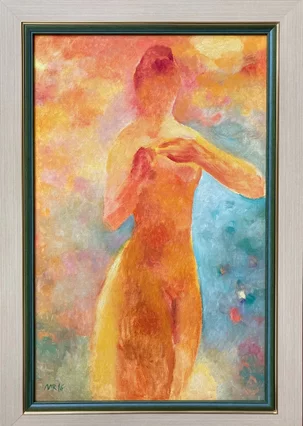 Miro Radev, olej na plátne - akt, Pred zrkadlom, 70x43 cm