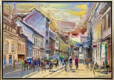 Mykola Bodnár, Obchodná ulica v lete, olejomaľba 70x100 cm, zarámované 75x105 cm, 1 400 €