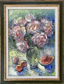 Mykola Bodnár, Zátišie s melónom, olejomaľba 69x49 cm