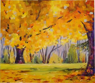 Olejomaľba, Ester Ksenzsigh, Cirkus jeseň, 70x80 cm, nerámované