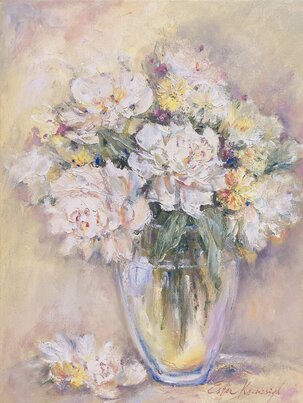 Olejomaľba, Ester Ksenzsigh, Pivonie biele II, 225 €, 40x30 cm
