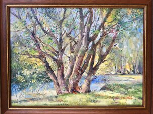 Olejomaľba, Ester Ksenzsigh, Strom pri rieke, 40x30 cm