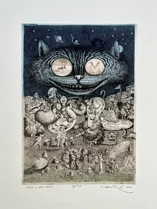 Peter Kľúčik, Alica v ríši divov, Mačka, grafický list 46 x 32 cm