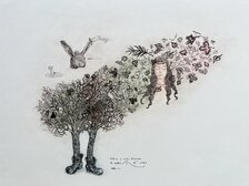 Peter Kľúčik, Alica v ríši divov so zajačikom 1980, grafický list 42 x 58 cm