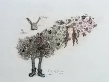 Peter Kľúčik, Alica v ríši divov so zajačikom 1980, grafický list 42 x 58 cm
