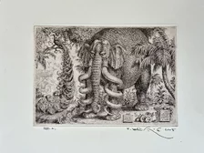 Peter Kľúčik, Slon so zatočenými klami a páv, grafický list 16x23 cm
