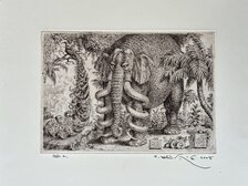 Peter Kľúčik, Slon so zatočenými klami a páv, grafický list 16x23 cm