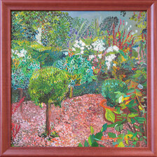 Ruth Dubayová, Jar v záhrade I., olejomaľba 40x40 cm, zarámované 45x45 cm