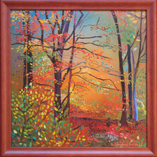 Ruth Dubayová, Lesná nálada XIII., olejomaľba 40x40 cm, zarámované 45x45 cm