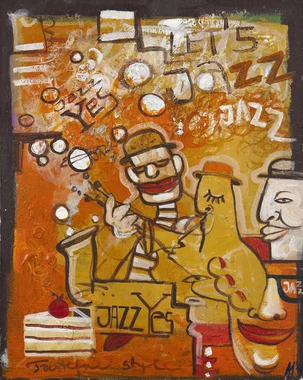Saša Hudecová, maľba akrylom, Planéta jazz, 50x40 cm