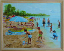 Štefan Hangácsi: Hráme sa I., Olejomaľba 34x44cm, zarámované 39x49 cm