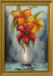 Štefan Hangácsi: Ľalie, olejomaľba 43x29 cm, zarámované 50x35 cm