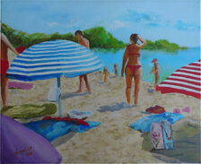 Štefan Hangácsi: Pásikované slnečníky, olejomaľba na plátne 25x30 cm