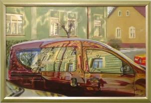 Štefan Hangácsi: Tancujúce svetlá I, olejomaľba 49x78 cm, zarámované 57x86 cm