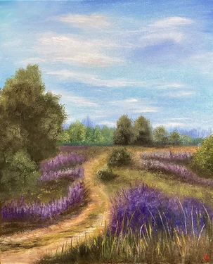 Tatiana Morozová, Cesta, fialové kvety, olejomaľba, 50x60 cm