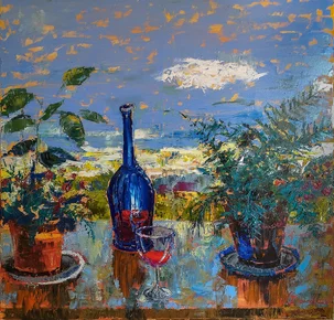 Viktor Derda, Teplý večer, olejomaľba na plátne 100x100 cm