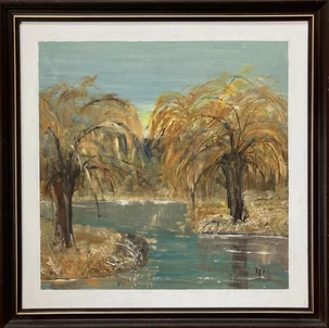 Vŕby pri potoku, olejomaľba, 60x60 cm, zarámované 80x80 cm