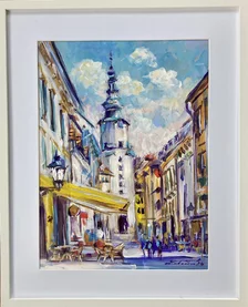 Zuzana Lukáčová, Bratislava, Michalská ulica, akryl na sololite 38,5x28,5 cm, zarámované 52x42 cm
