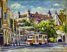 Zuzana Lukáčová, Električka v Bratislave, Akryl na plátne 40x50 cm, nezarámované