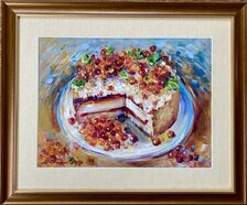 Zuzana Lukáčová, Koláč z ríbezlí, maľba akrylom na sololite 28,5x38,5 cm, zarámované 45x55 cm, 224 €