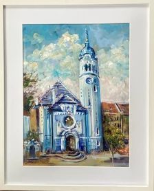 Zuzana Lukáčová, Modrý kostolík, Akryl na sololite 38,5x28,5 cm, zarámované 52x42 cm
